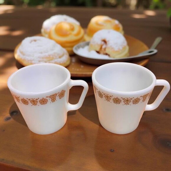 Vintage Pyrex Spring Blossom (Crazy Daisy) Milk Glass Mugs, Set of 2, Gold Flora - Picture 2 of 5